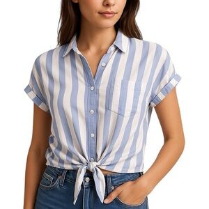 BeachLunchLounge Blue White Striped Tie Front Button Down Shirt Size XS